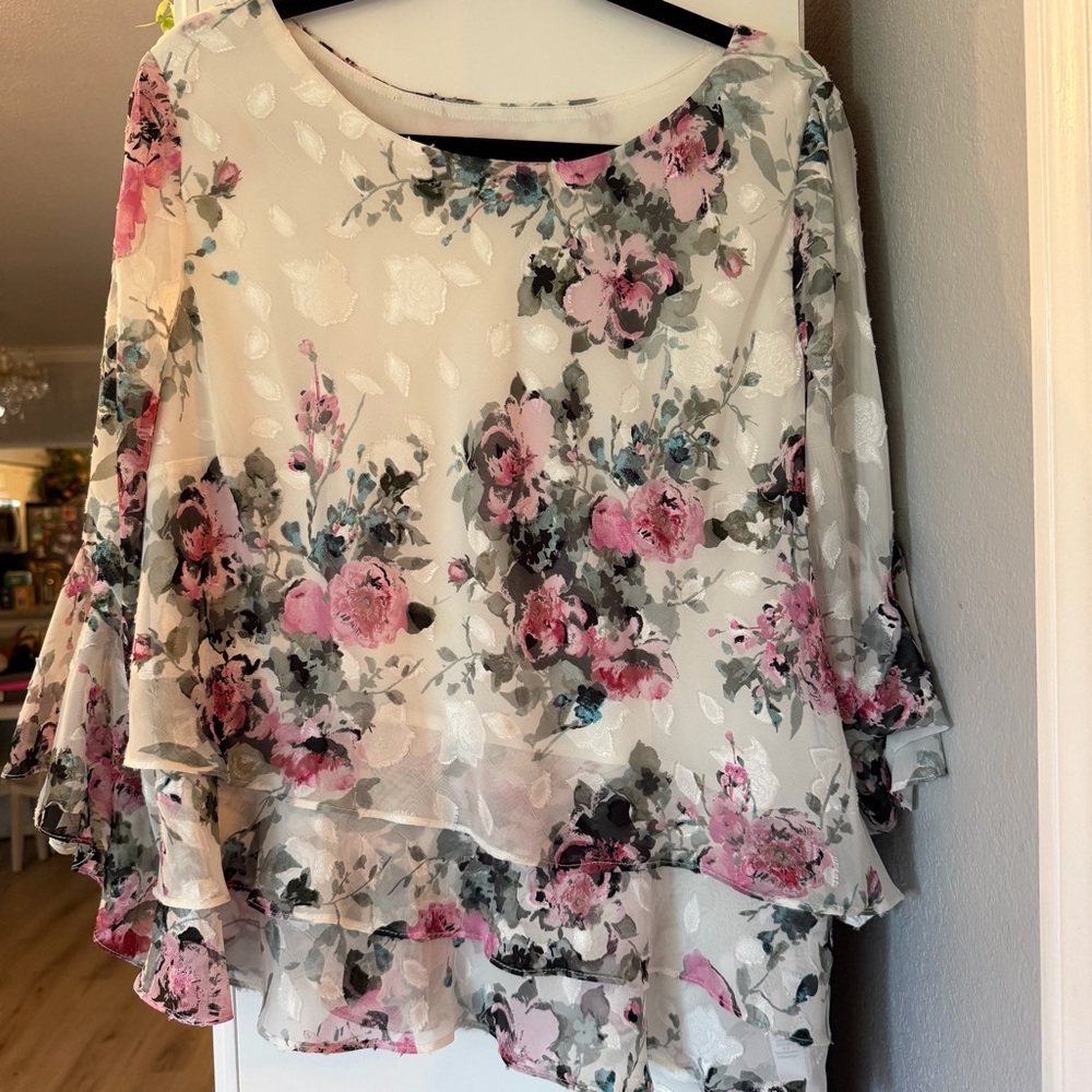 Alex Evenings Floral Layered Blouse - Pink and Cream
